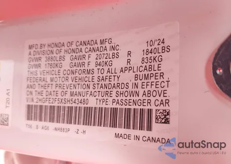 2025 Honda Civic Sport из США, поврежденный, VIN 2HGFE2F5XSH543480